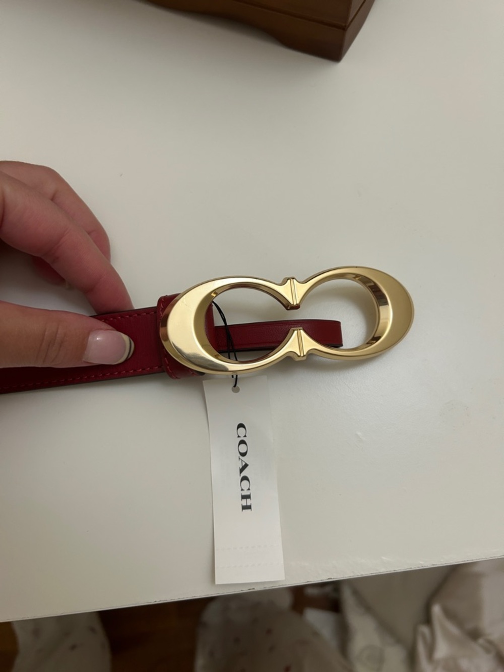 COACH Red Leather Belt with Gold Signature Double-Loop Buckle
